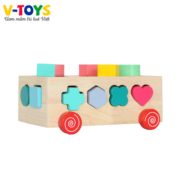 Đồ chơi giáo dục bằng gỗ xe kéo thả khối gỗ nhận biết hình học màu sắc
